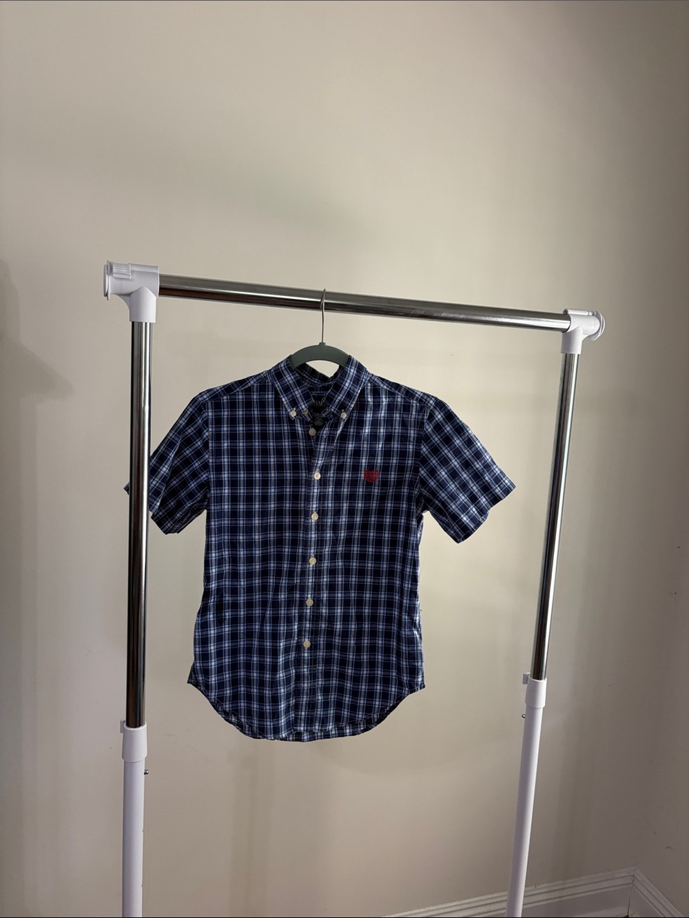 Chaps Navy and Light Blue Plaid Short-Sleeve Button-Down Shirt